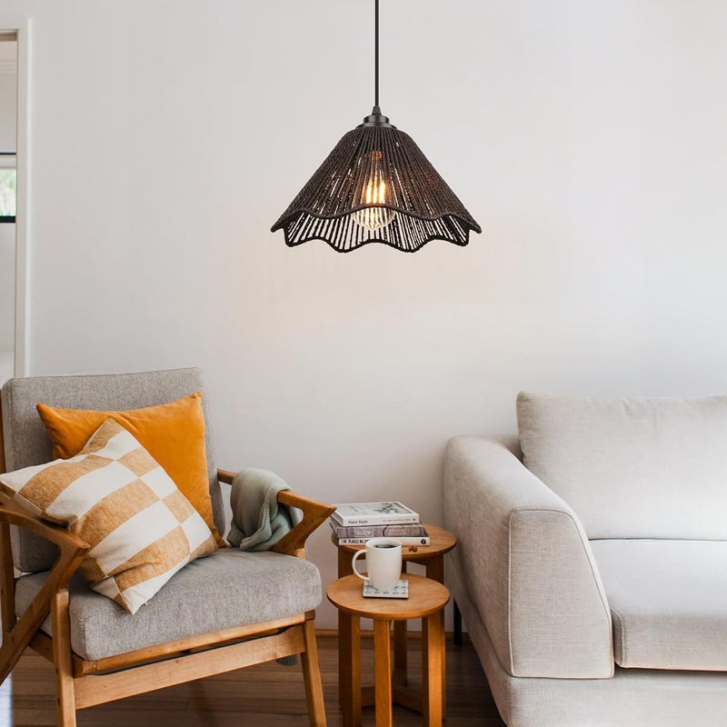 tebio Rattan Plug in Pendant Light Set of 2 (Bulbs Included), 12"x6" Boho Hanging Lights with 13FT Black Hemp Plug-in Cord, On/Off Switch for Living Room, Bedroom, Kitchen - Image 5